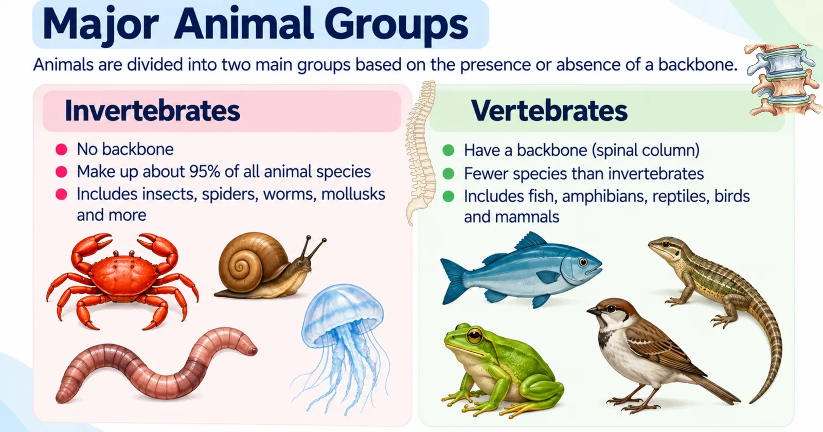 Major animal groups: invertebrates have no backbone and make up about 95% of species; vertebrates have a spinal column