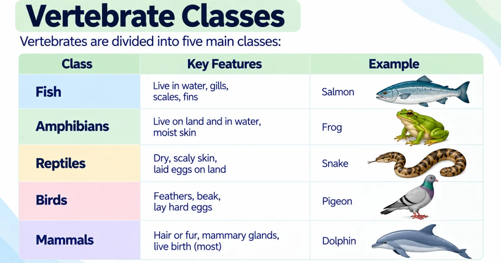 Vertebrate classes table: fish, amphibians, reptiles, birds and mammals with key features and an example of each
