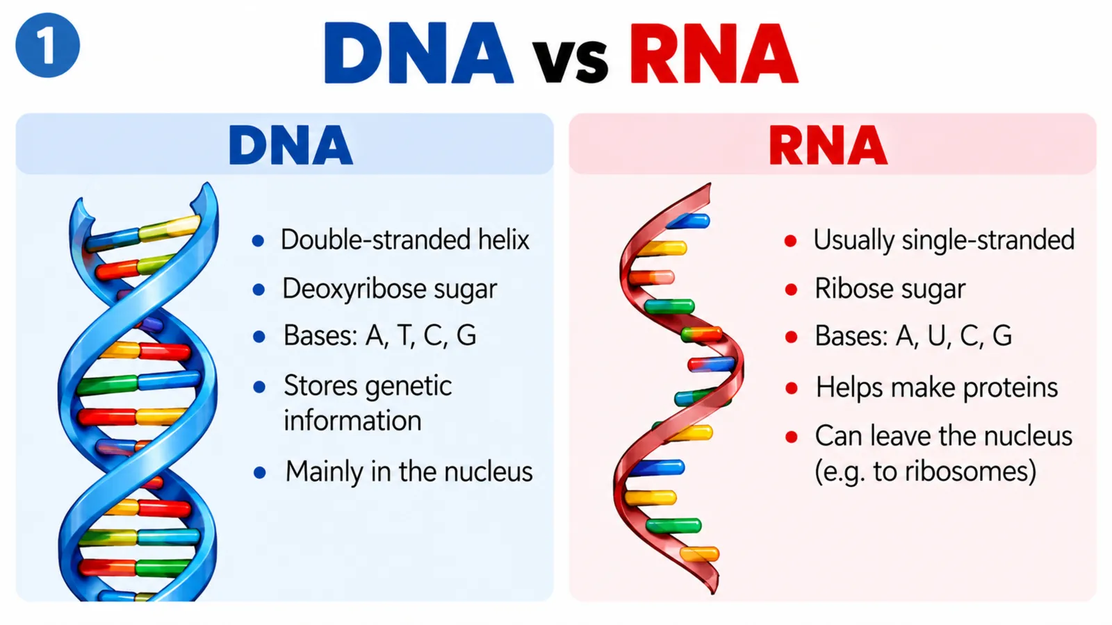 DNA vs RNA compared: double-stranded helix with deoxyribose and bases A, T, C, G versus usually single-stranded RNA with ribose and bases A, U, C, G