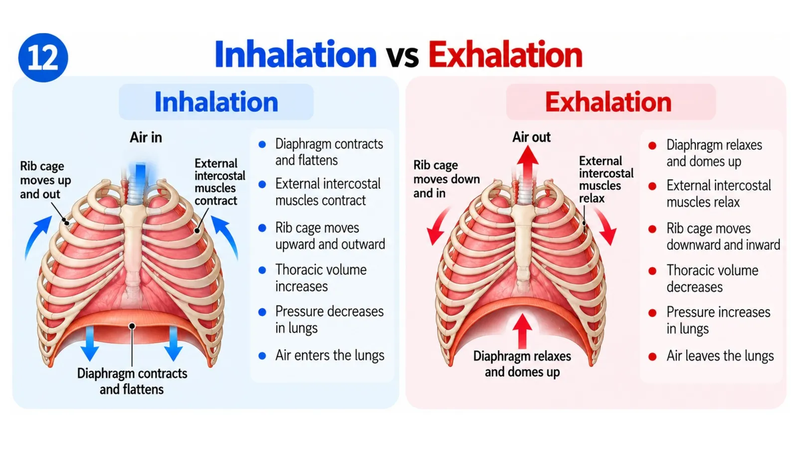 Inhalation vs exhalation: diaphragm contracts and flattens and rib cage moves up and out, versus diaphragm relaxes and domes up and rib cage moves down and in