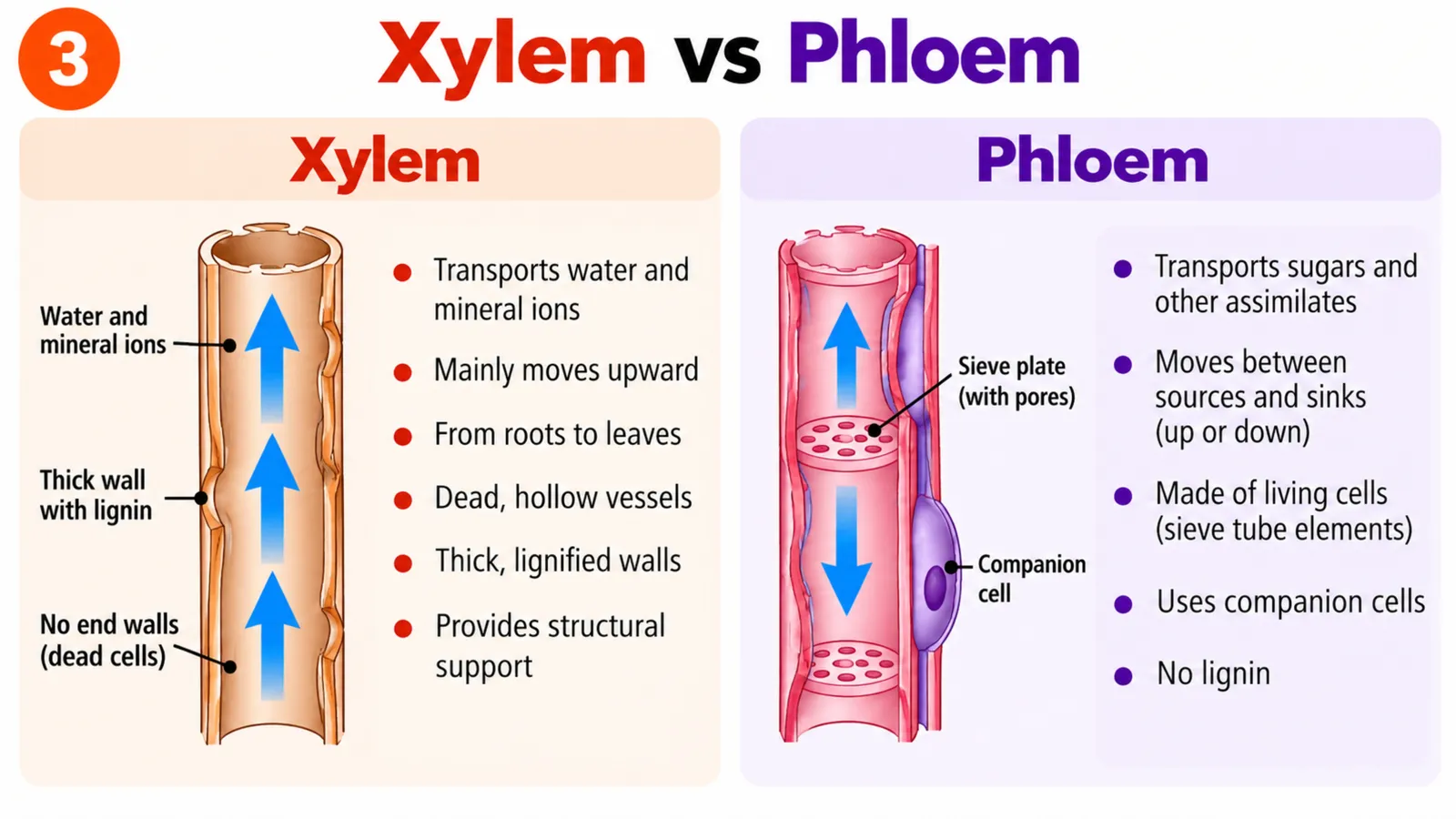 Xylem vs phloem: dead lignified xylem vessels carrying water and minerals upward versus living sieve tubes with companion cells carrying sugars up and down