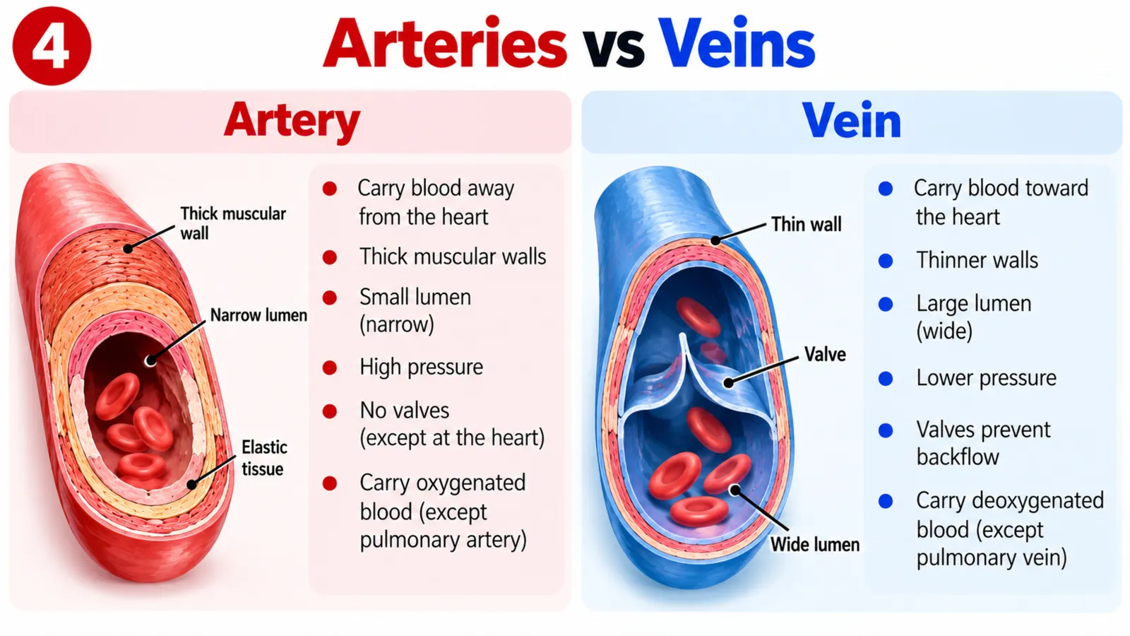 Artery vs vein cross-sections: thick muscular wall, narrow lumen and high pressure versus thinner wall, wide lumen and valves that prevent backflow