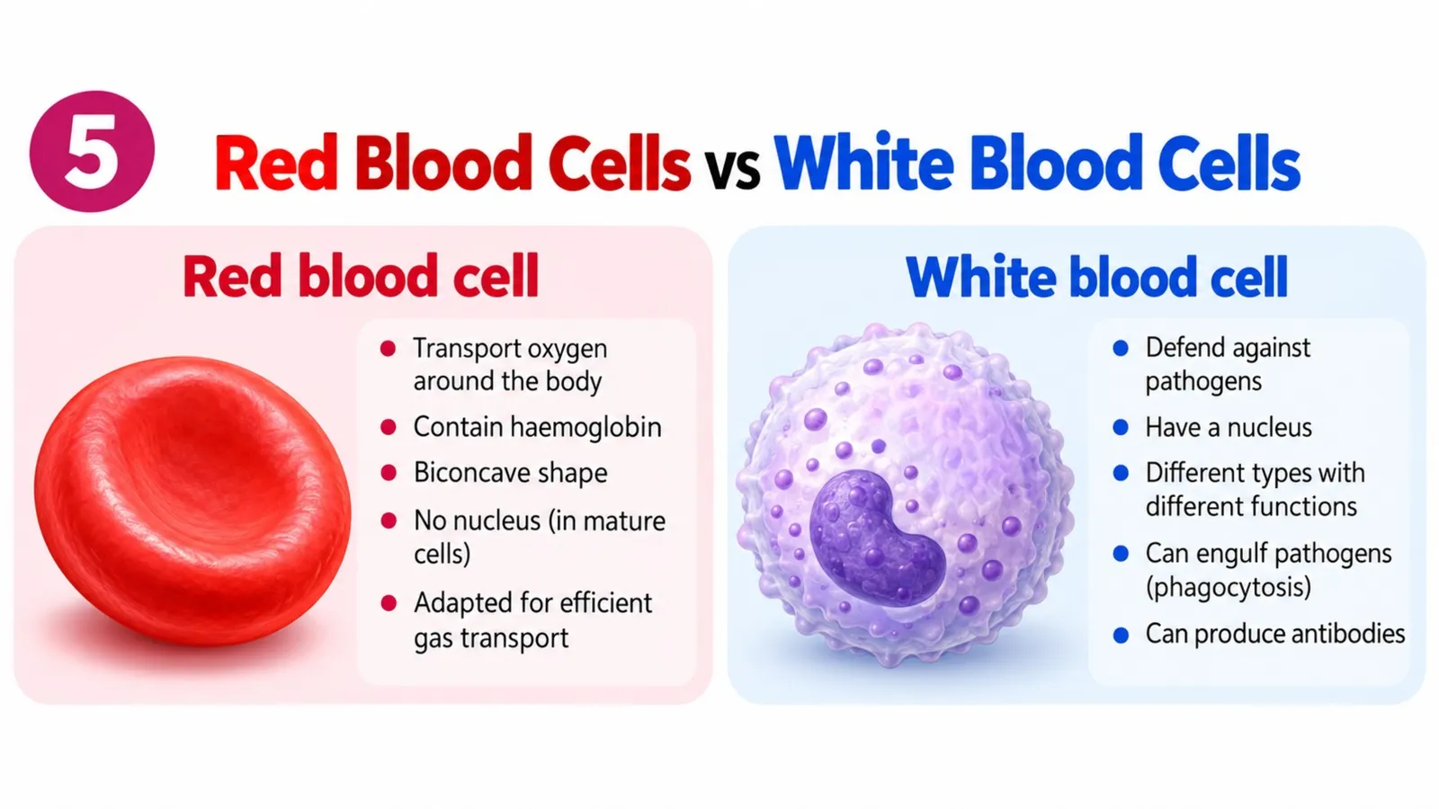 Red blood cell, a biconcave disc with haemoglobin and no nucleus, versus a white blood cell with a nucleus that defends against pathogens