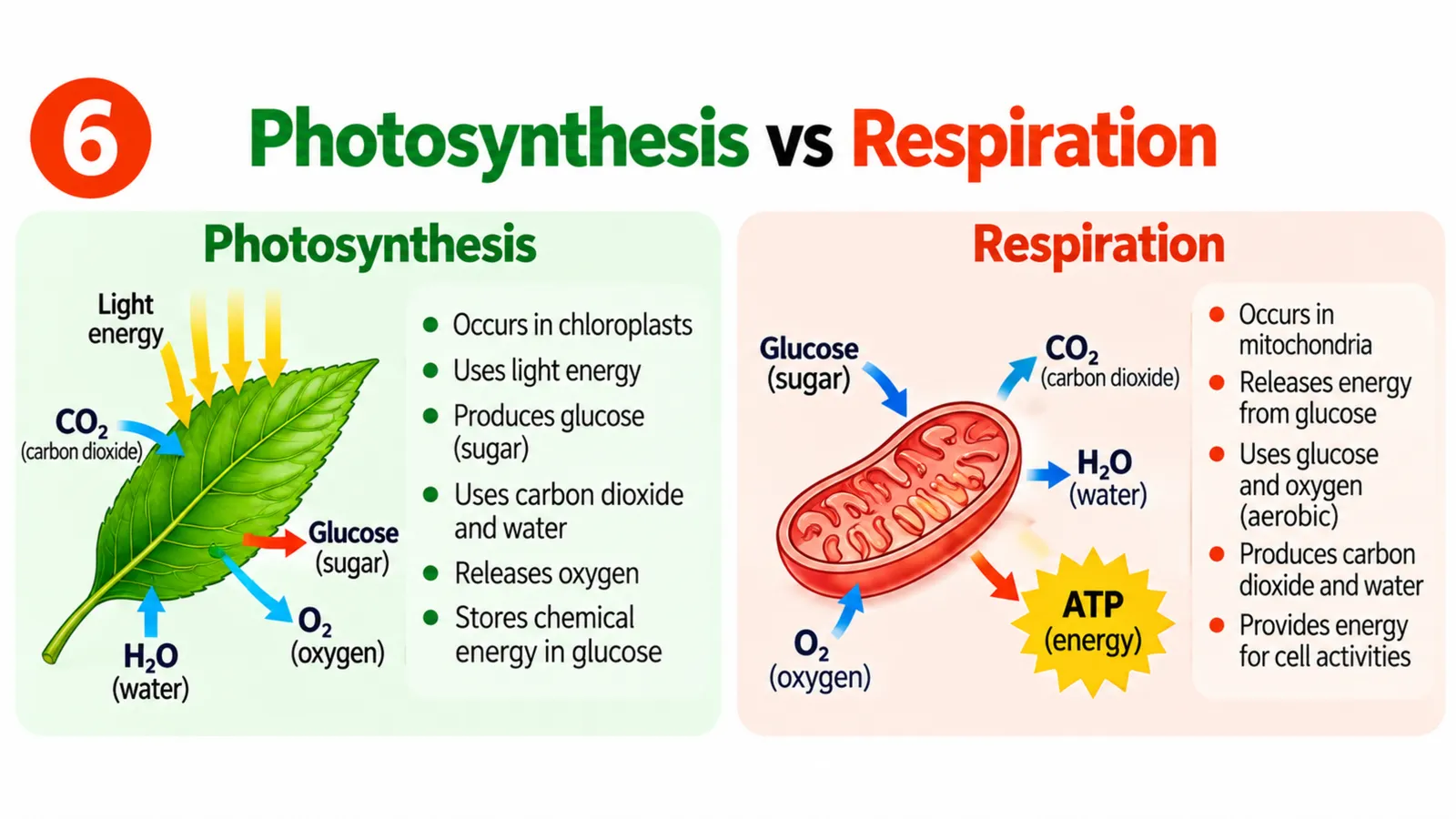 Photosynthesis in a leaf chloroplast using light, carbon dioxide and water to make glucose and oxygen, versus respiration in mitochondria releasing energy as ATP