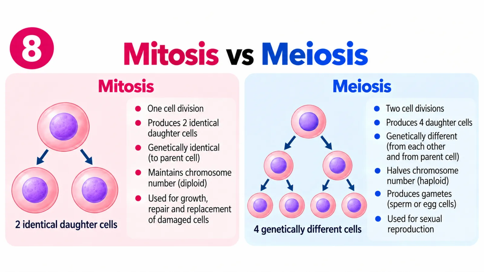 Mitosis vs meiosis: one division giving 2 identical diploid daughter cells versus two divisions giving 4 genetically different haploid gametes