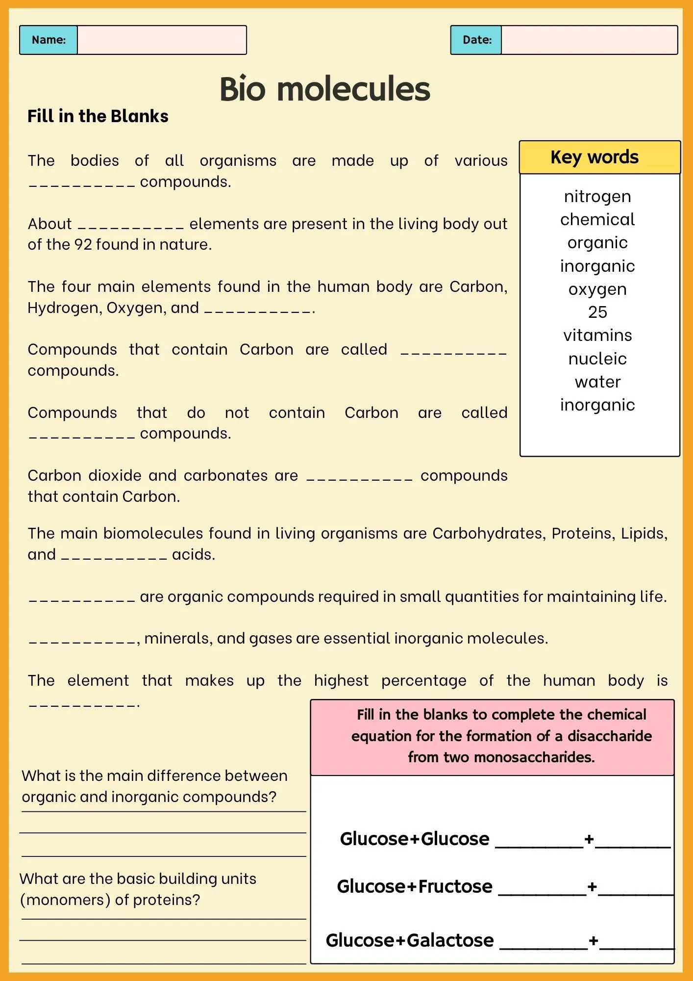 Bio Molecules Fill in the Blanks Worksheet
