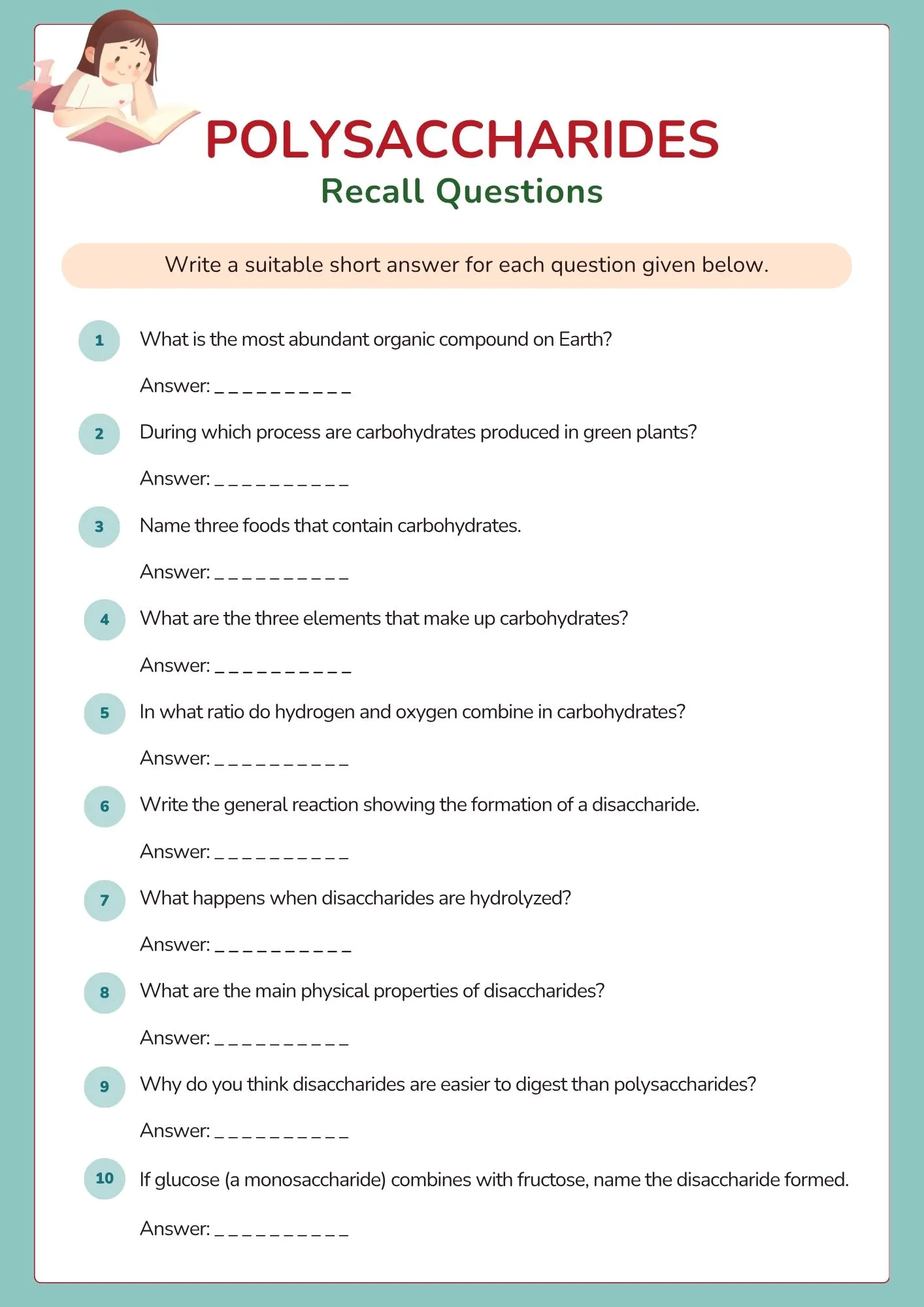 Polysaccharides Recall Questions Worksheet