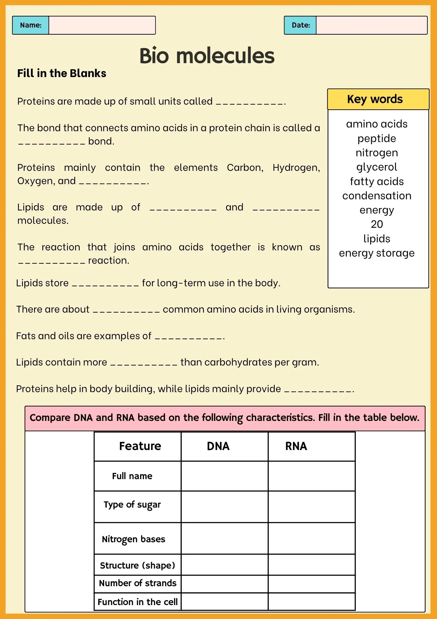 Bio Molecules Fill in Blanks Worksheet 2