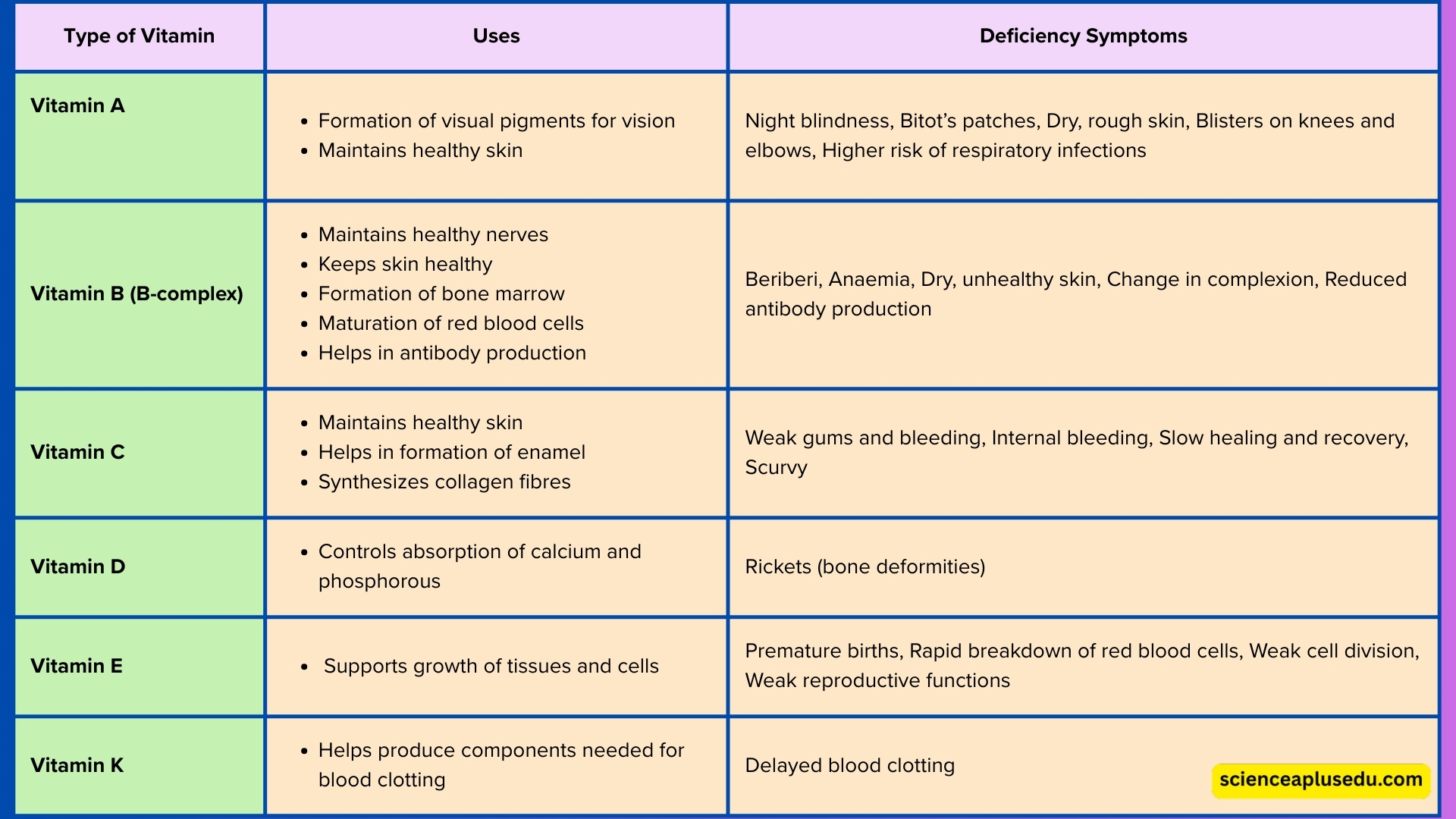 Table showing types of vitamins, their uses, and deficiency symptoms