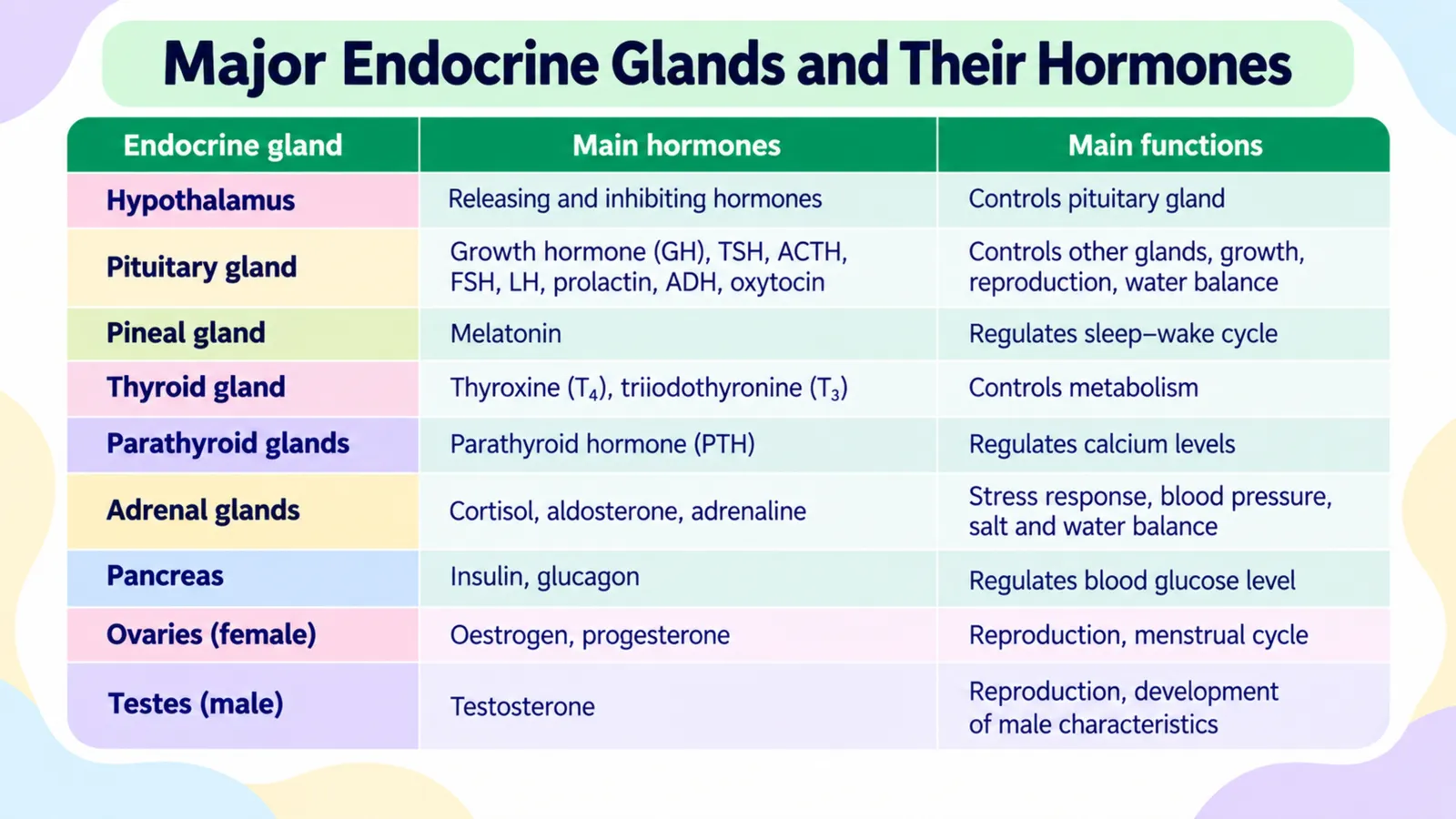Table of the major endocrine glands, from the hypothalamus and pituitary to the ovaries and testes, with their main hormones and functions