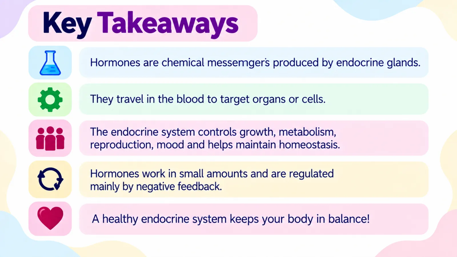 Endocrine system key takeaways: hormones are chemical messengers from endocrine glands, travel in the blood, work in small amounts and are regulated by negative feedback