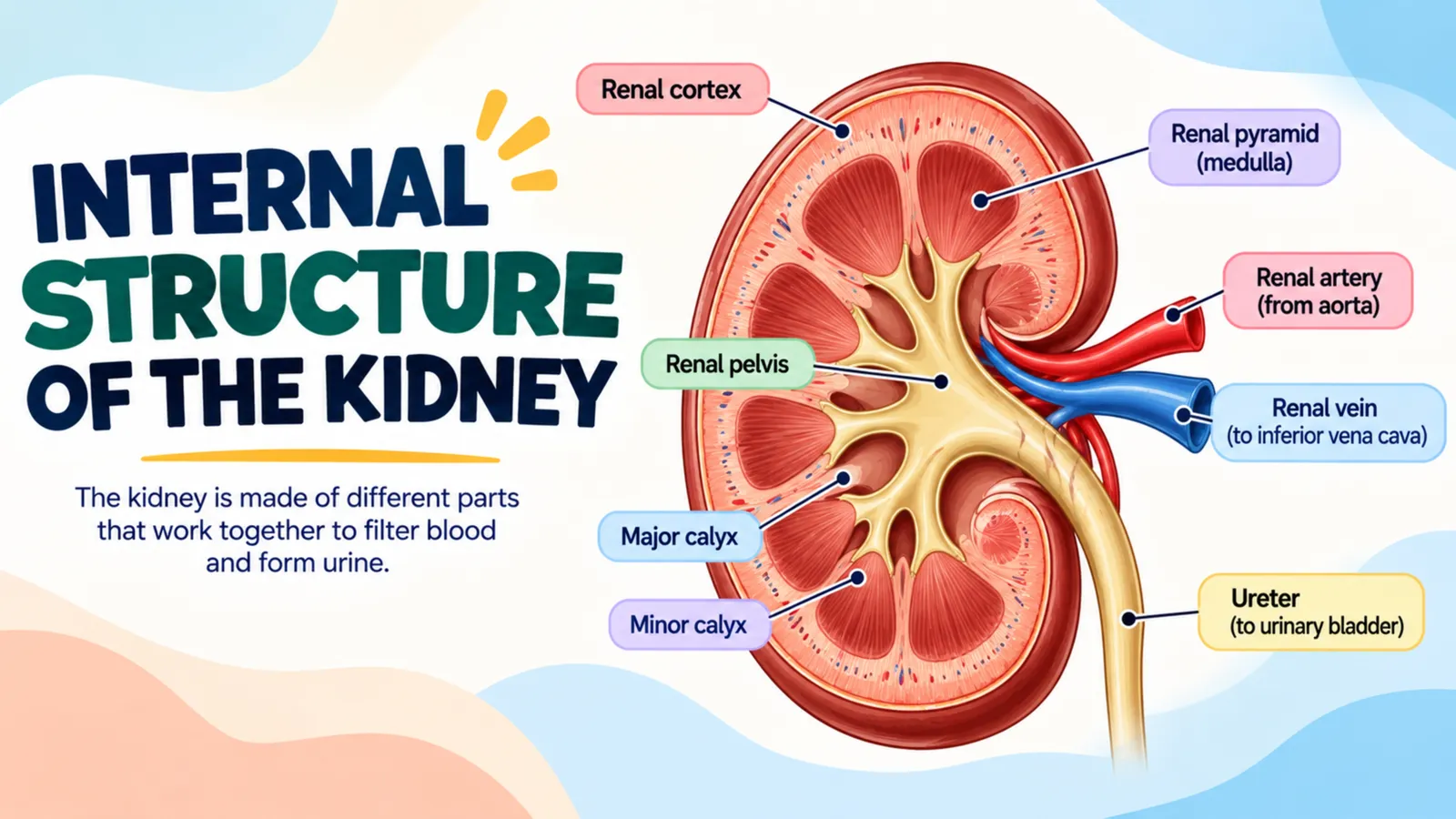 Internal structure of the kidney labelled: renal cortex, renal pyramids in the medulla, renal pelvis, major and minor calyx, renal artery, renal vein and ureter
