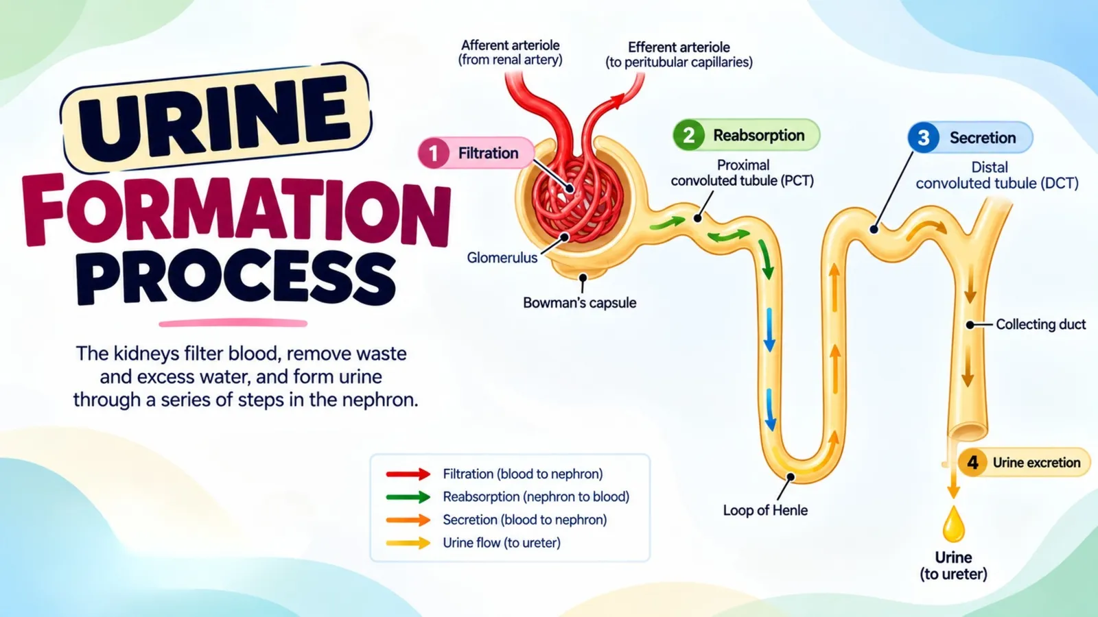 Urine formation process along a nephron: filtration at the glomerulus and Bowman's capsule, reabsorption in the proximal convoluted tubule and loop of Henle, secretion in the distal tubule, then the collecting duct