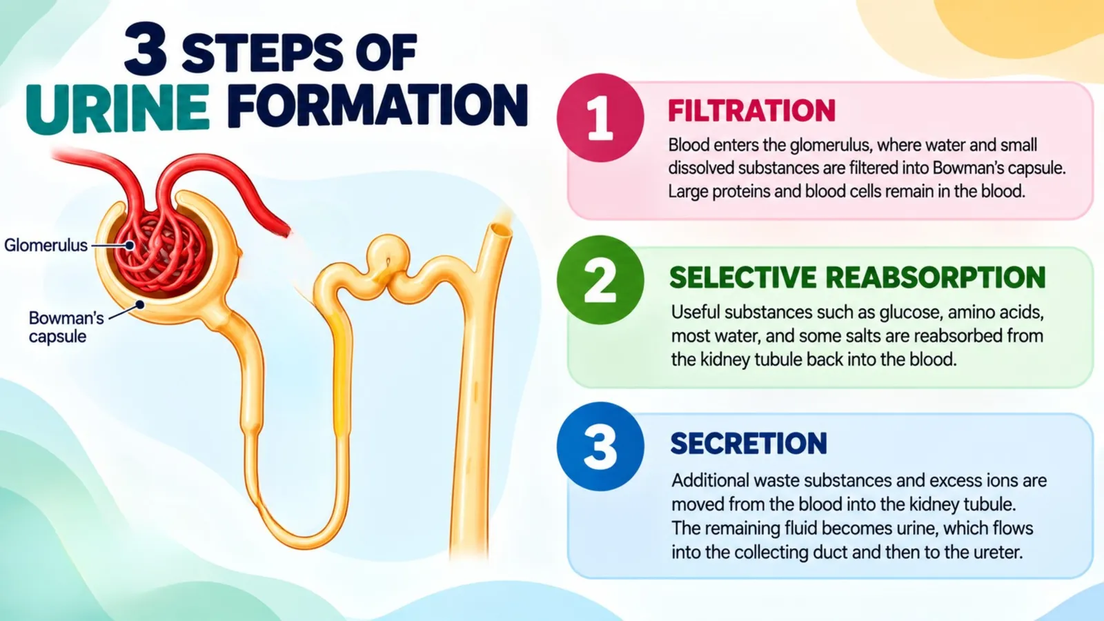 The three steps of urine formation: 1 filtration in the glomerulus, 2 selective reabsorption of glucose, amino acids, water and salts, 3 secretion of extra wastes into the tubule