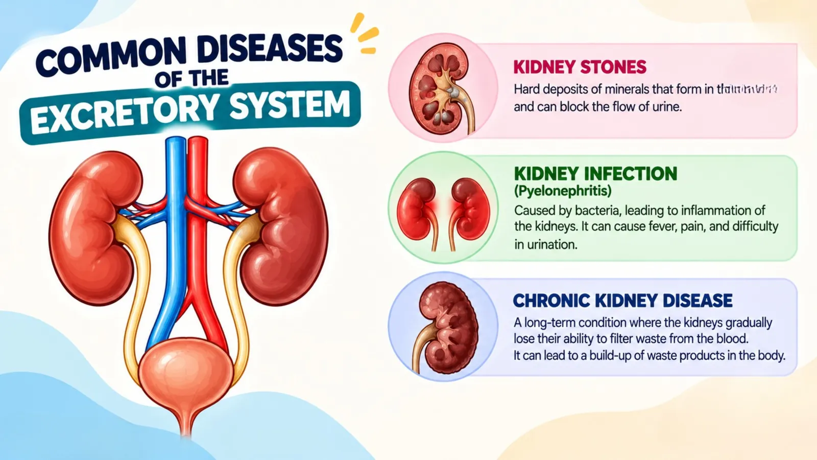 Common diseases of the excretory system: kidney stones, kidney infection (pyelonephritis) and chronic kidney disease