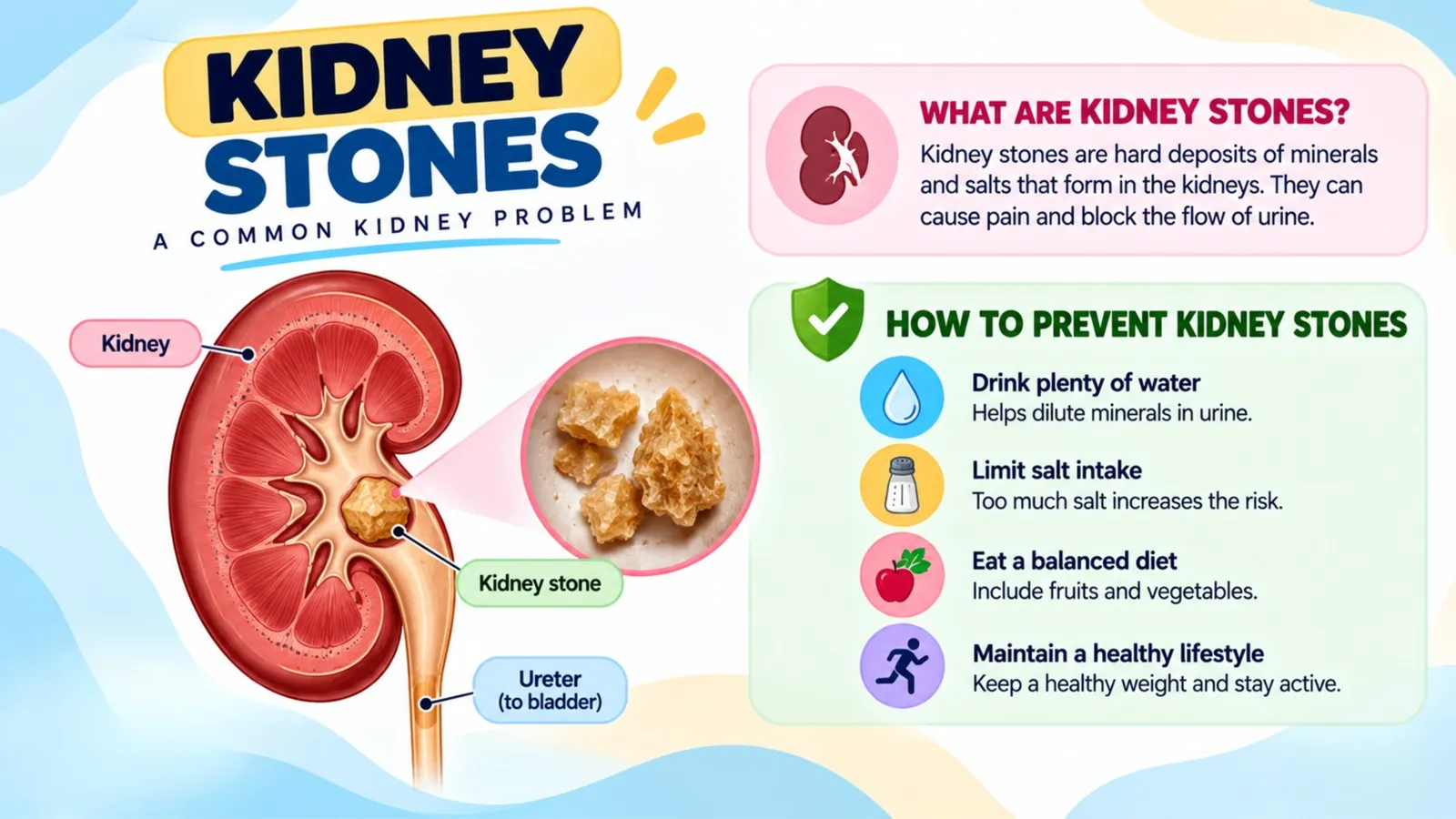 Kidney stones: hard mineral deposits that can block the ureter, prevented by drinking plenty of water, limiting salt, a balanced diet and an active lifestyle