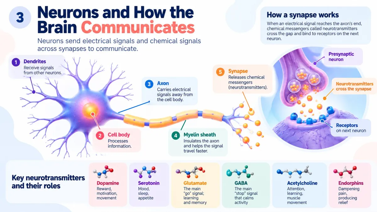 Neuron diagram labelling dendrites, cell body, axon, myelin sheath and synapse, a close-up of neurotransmitters crossing the synapse to receptors on the next neuron, and the roles of dopamine, serotonin, glutamate, GABA, acetylcholine and endorphins
