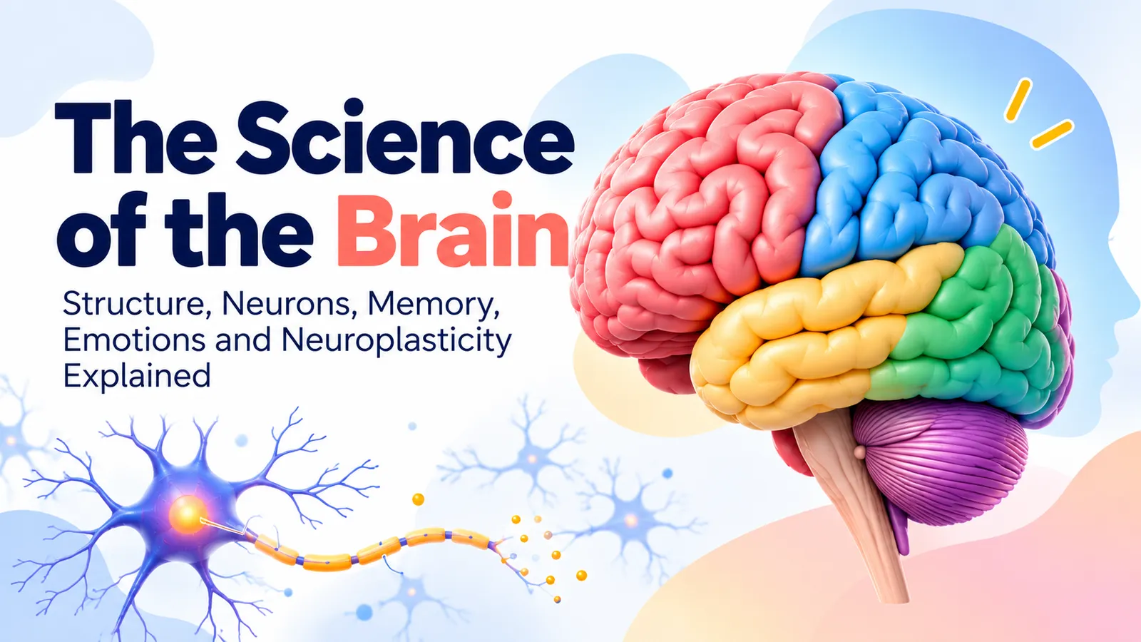 The Science of the Brain: structure, neurons, memory, emotions and neuroplasticity explained, with a colour-coded brain and glowing neurons