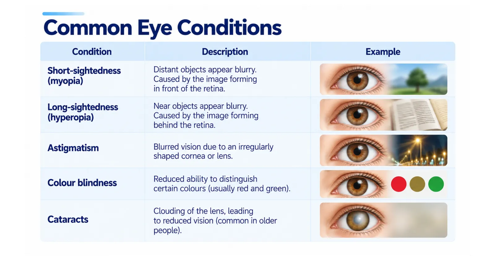Table of common eye conditions: short-sightedness, long-sightedness, astigmatism, colour blindness and cataracts, with how each looks