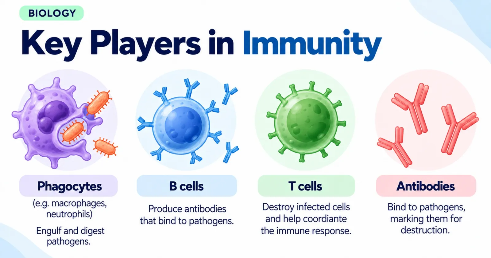 Key players in immunity: phagocytes engulf pathogens, B cells make antibodies, T cells destroy infected cells, antibodies mark pathogens