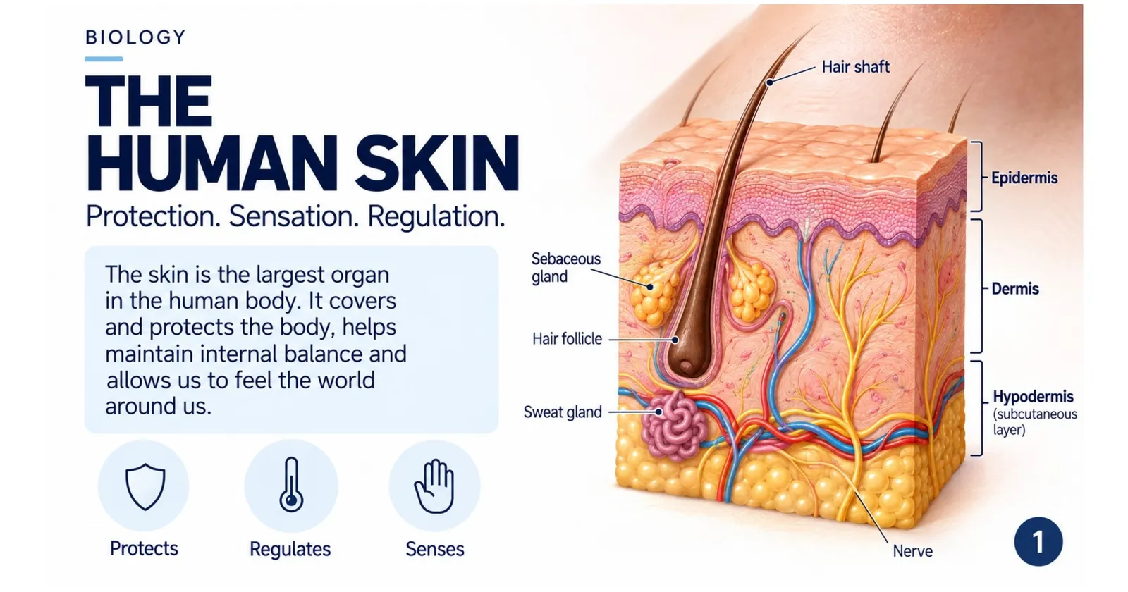 The human skin: the largest organ, which protects the body, helps regulate temperature and lets us sense the world