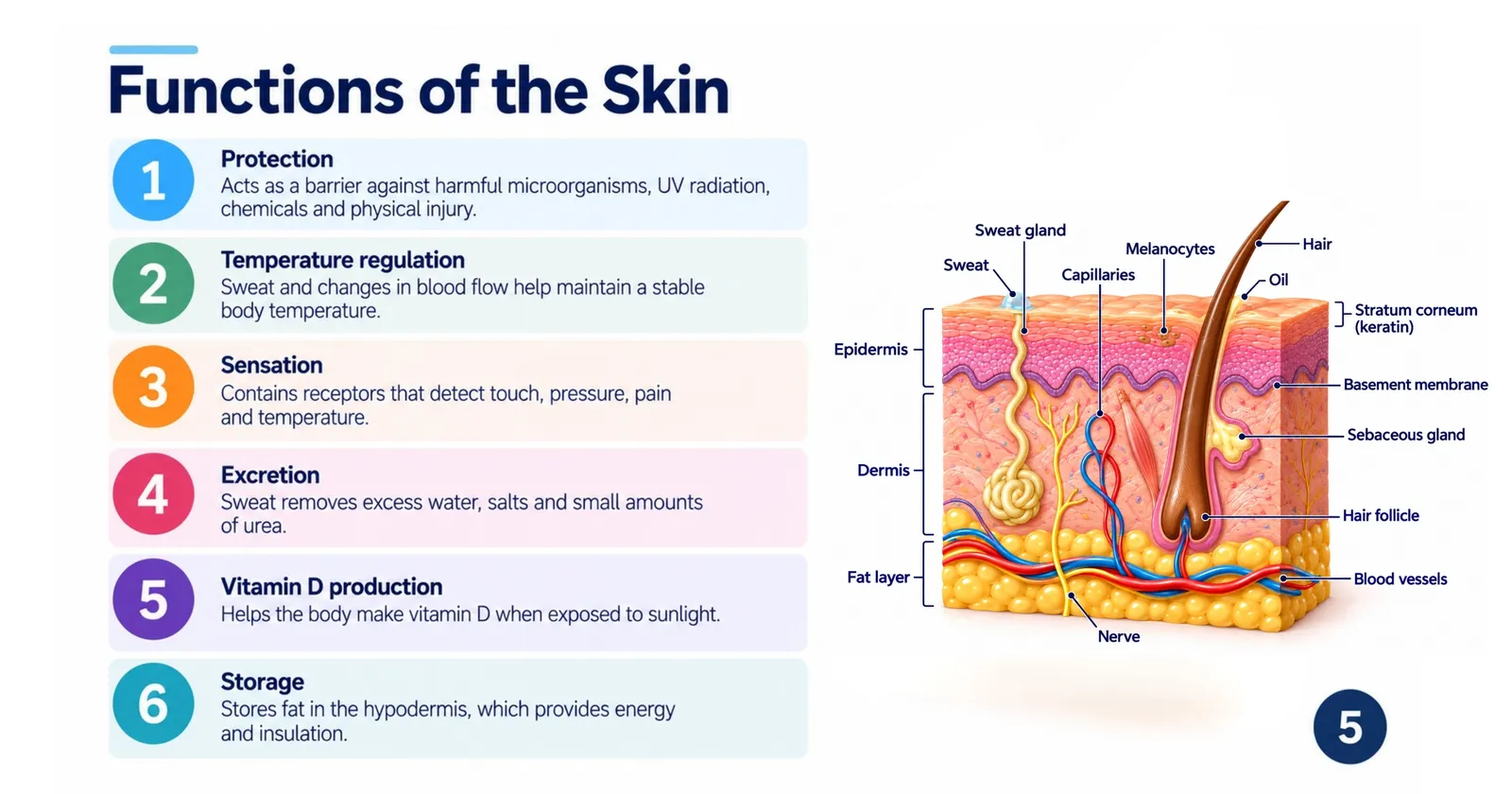 Six functions of the skin: protection, temperature regulation, sensation, excretion, vitamin D production and storage