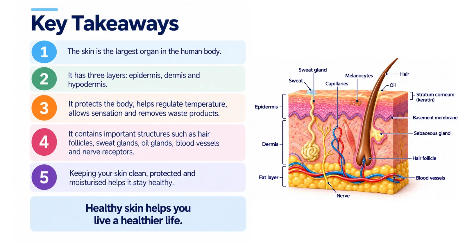 Human skin key takeaways: largest organ, three layers, protection, temperature control, excretion and vitamin D