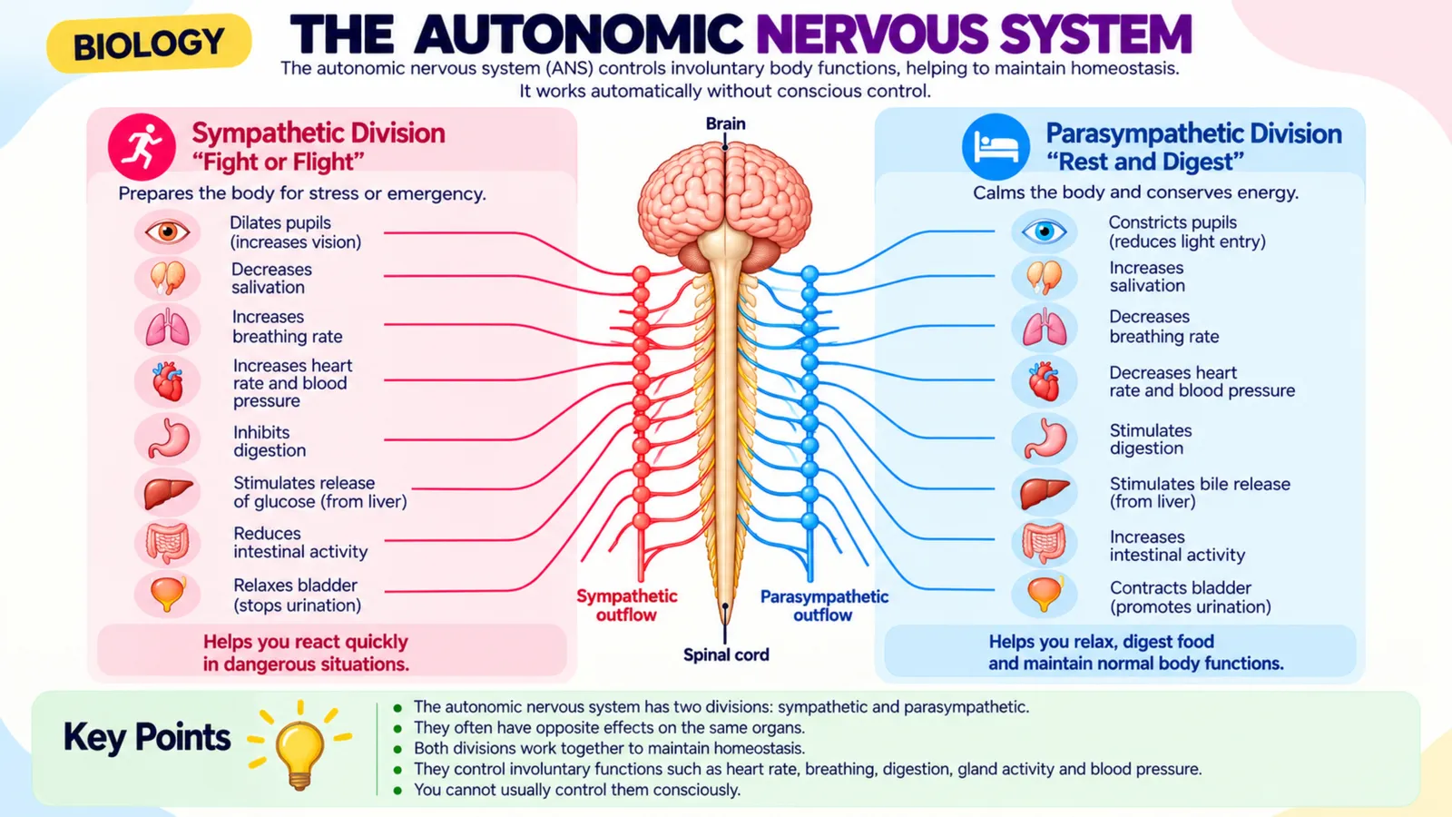The autonomic nervous system: sympathetic 'fight or flight' and parasympathetic 'rest and digest' effects on body organs