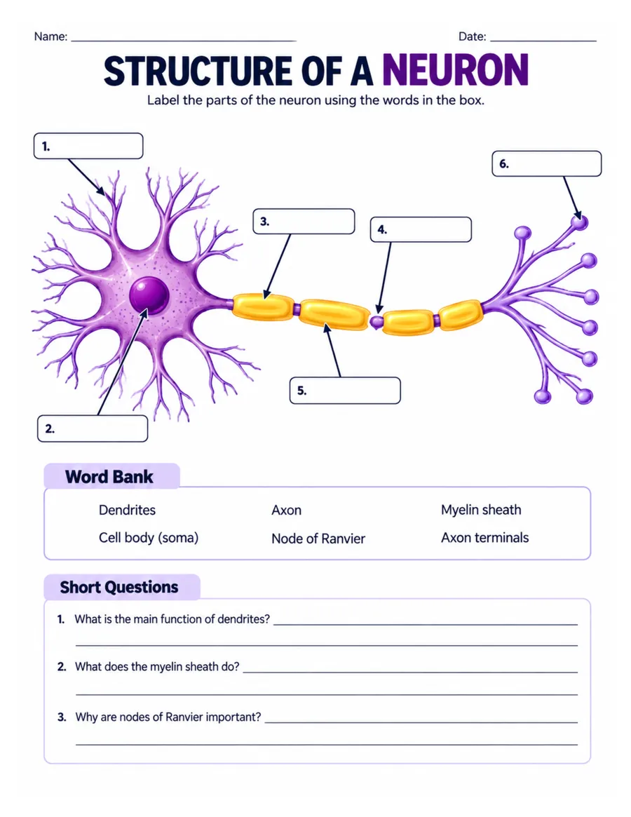 Label the structure of a neuron worksheet preview