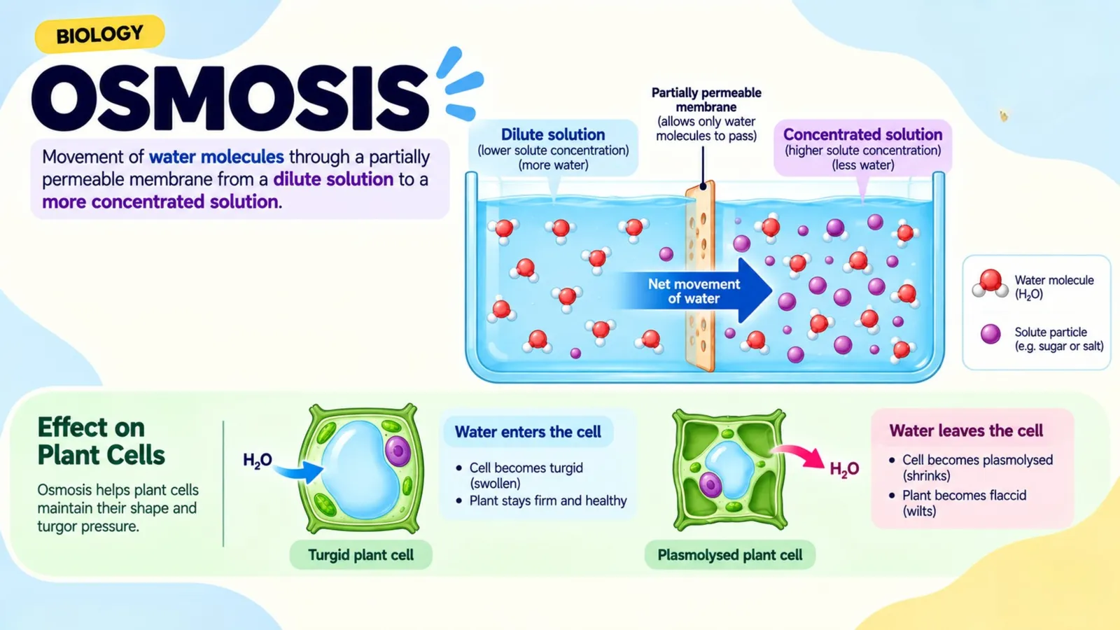 Osmosis overview: dilute and concentrated solutions separated by a partially permeable membrane, with a turgid plant cell when water enters and a plasmolysed plant cell when water leaves