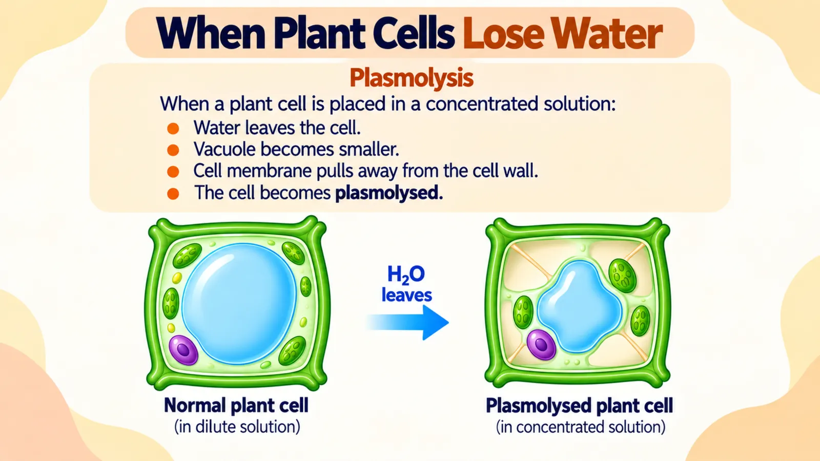 Plasmolysis: in a concentrated solution water leaves the vacuole, the membrane pulls away from the cell wall and the plant cell becomes plasmolysed