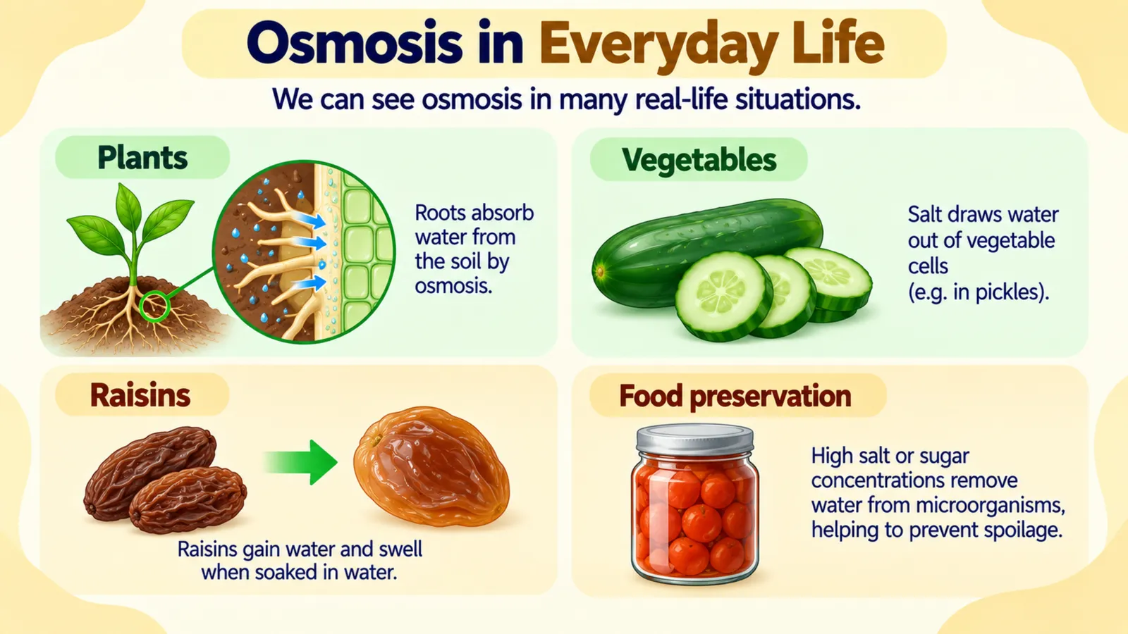 Osmosis in everyday life: roots absorb water from the soil, salt draws water out of vegetables, raisins swell in water and sugar or salt preserves food