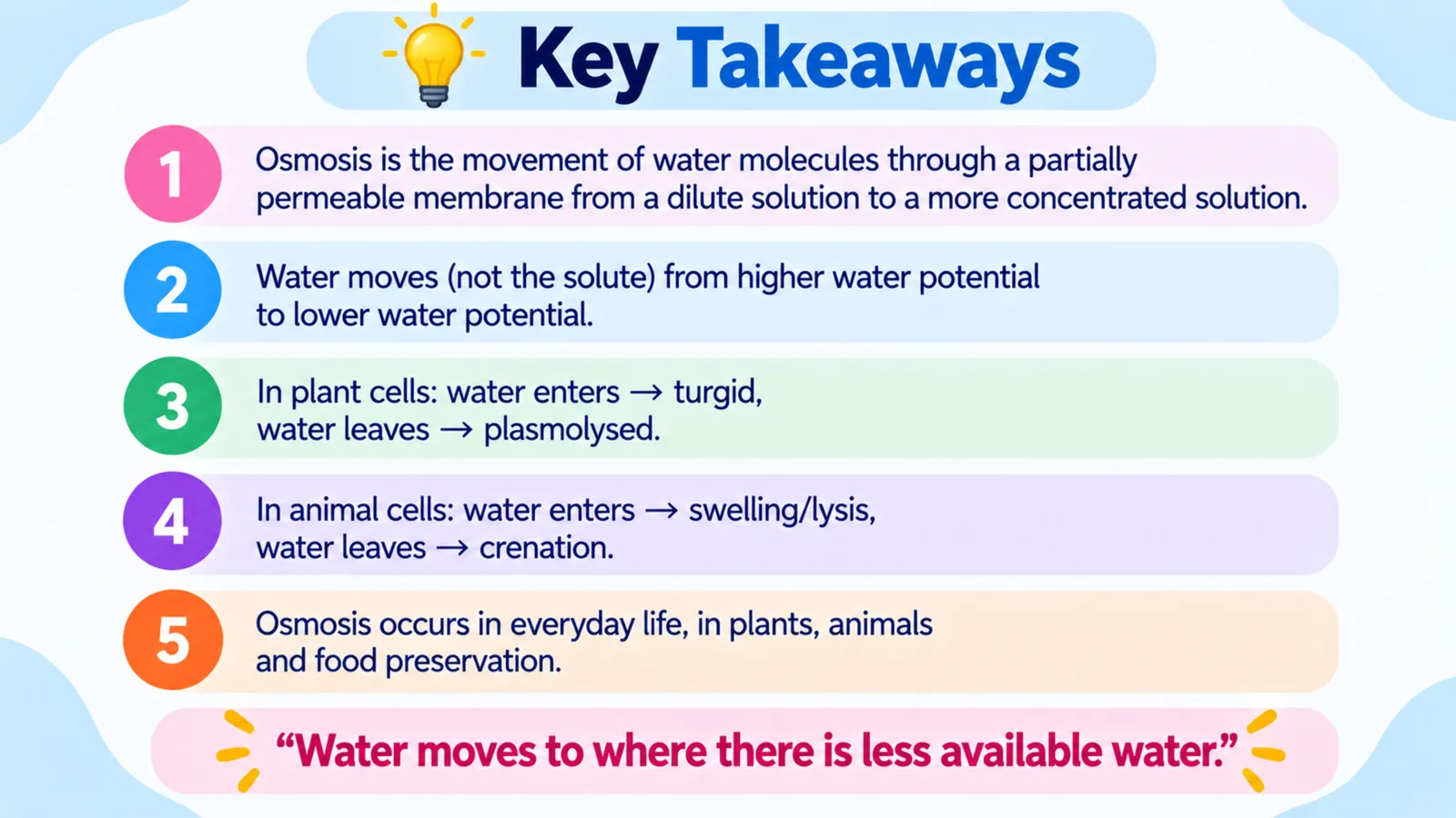 Osmosis key takeaways: water moves from higher to lower water potential, plant cells become turgid or plasmolysed, animal cells swell or shrink, and osmosis in everyday life