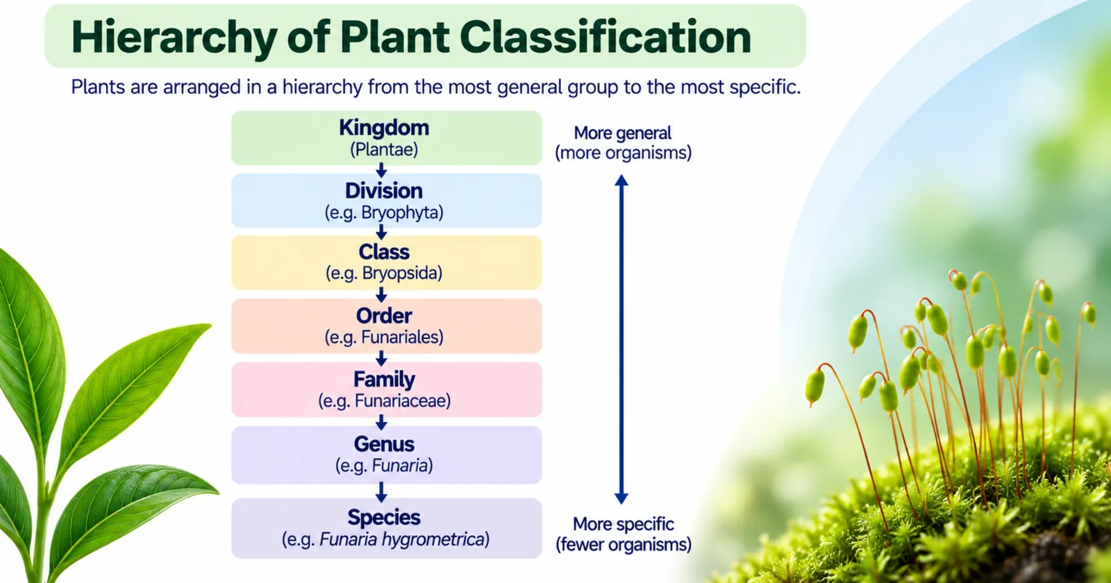 Hierarchy of plant classification from kingdom, division, class, order, family and genus down to species, using a moss as the example