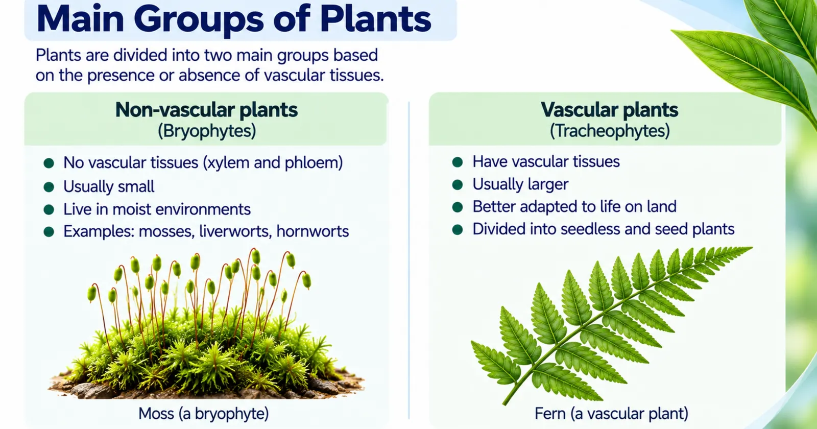 Main groups of plants: non-vascular bryophytes such as moss versus vascular plants such as ferns
