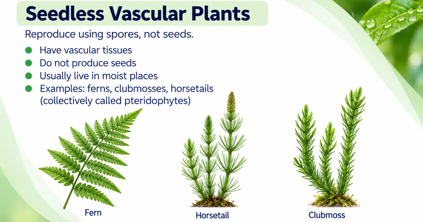 Seedless vascular plants: ferns, horsetails and club mosses have vascular tissue, reproduce by spores and live in moist places
