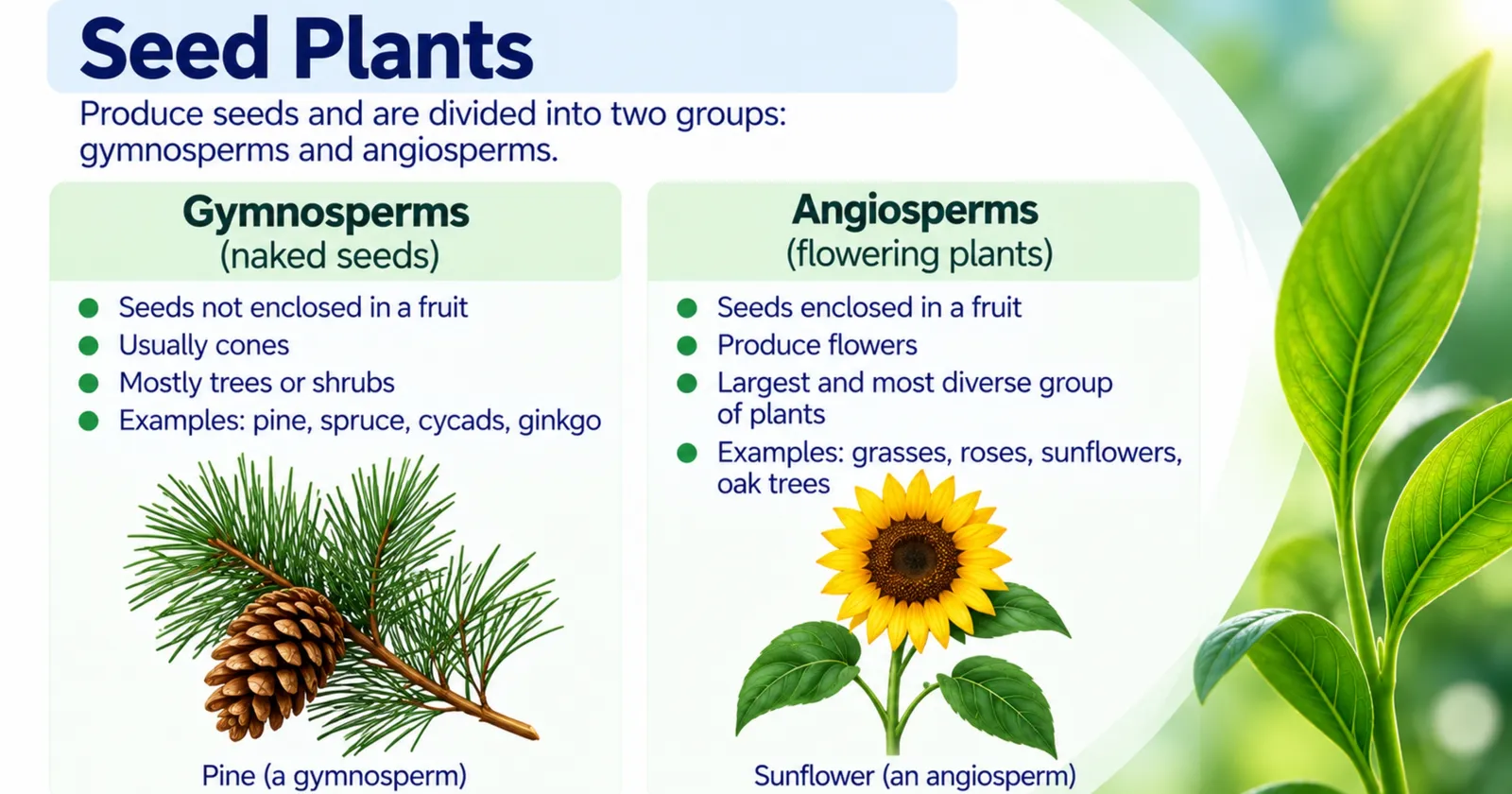 Seed plants: gymnosperms with naked seeds in cones, such as pine, versus angiosperms with seeds enclosed in fruits, such as sunflower