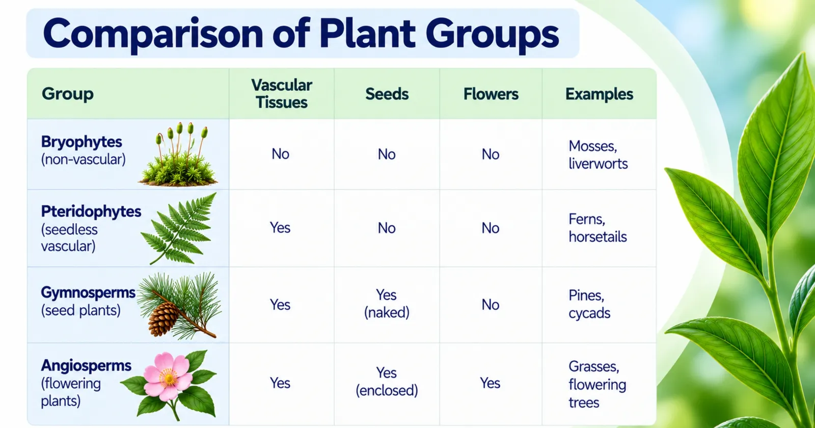 Comparison table of bryophytes, pteridophytes, gymnosperms and angiosperms by vascular tissue, seeds, flowers and examples