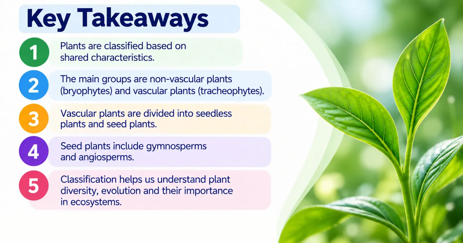 Plant classification key takeaways: non-vascular and vascular plants, seedless and seed plants, gymnosperms and angiosperms