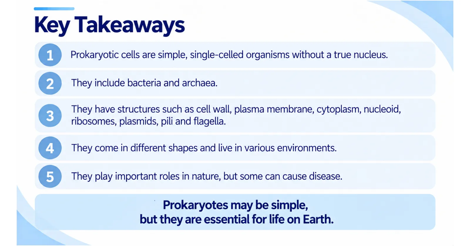 Prokaryotic cells key takeaways: no true nucleus, bacteria and archaea, main structures, shapes and roles