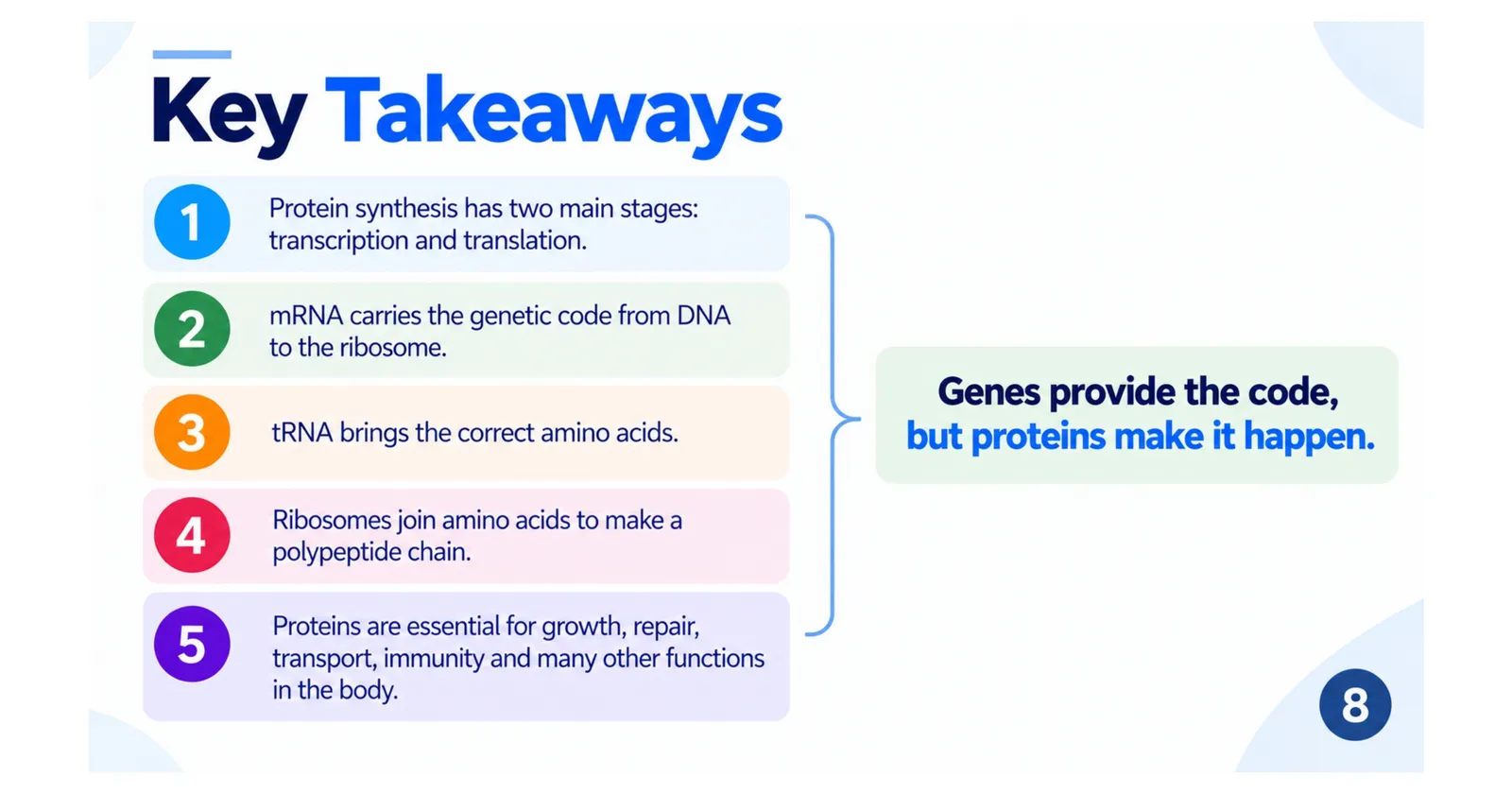 Protein synthesis key takeaways: genes provide the code, but proteins make it happen