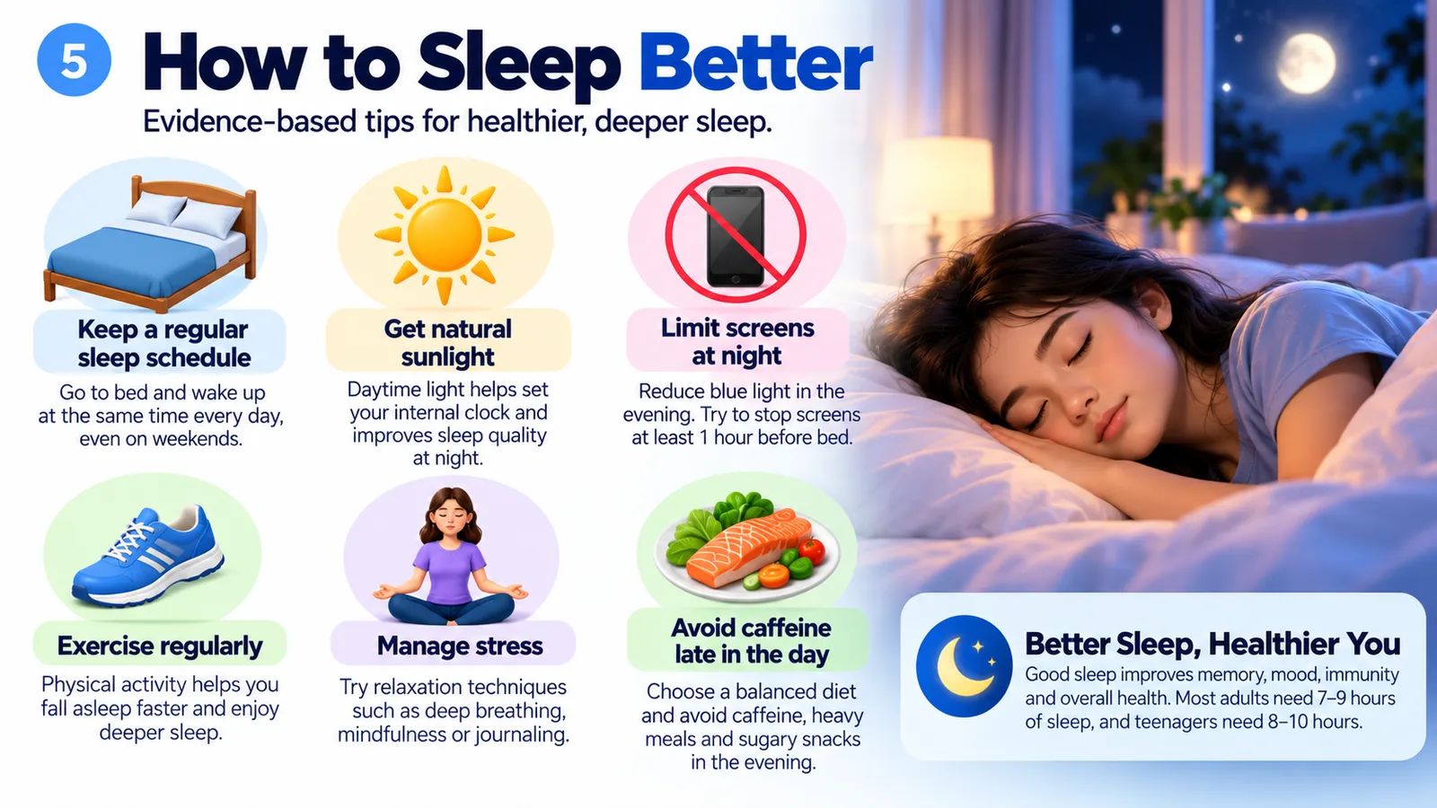 How to sleep better: keep a regular sleep schedule, get natural sunlight, limit screens at night, exercise regularly, manage stress and avoid caffeine late in the day
