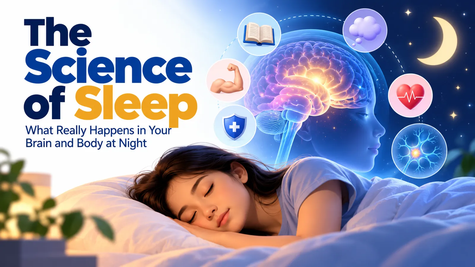The Science of Sleep: a teenager asleep with her brain glowing, surrounded by icons for memory, repair, emotions and the body clock