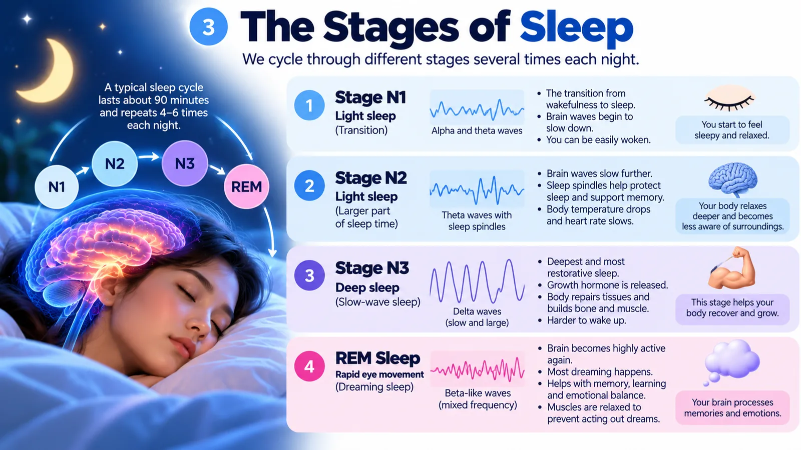 The stages of sleep: N1 light sleep, N2 with sleep spindles, N3 deep slow-wave sleep with delta waves, and REM dreaming sleep, repeating in a cycle of about 90 minutes