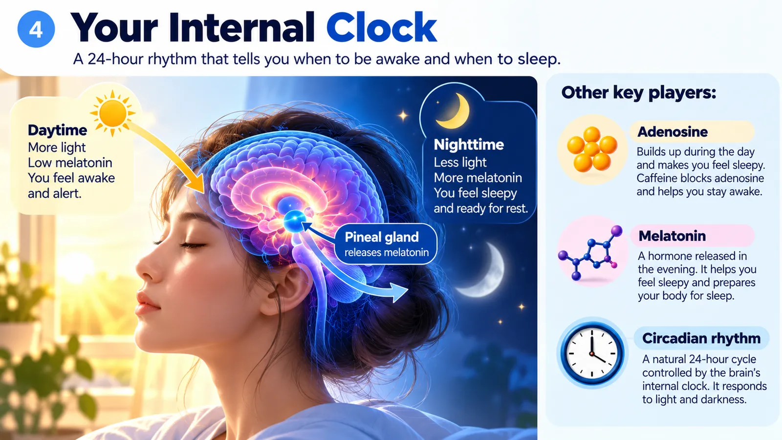 Your internal clock: daylight keeps melatonin low, darkness lets the pineal gland release melatonin, with adenosine and the circadian rhythm as other key players