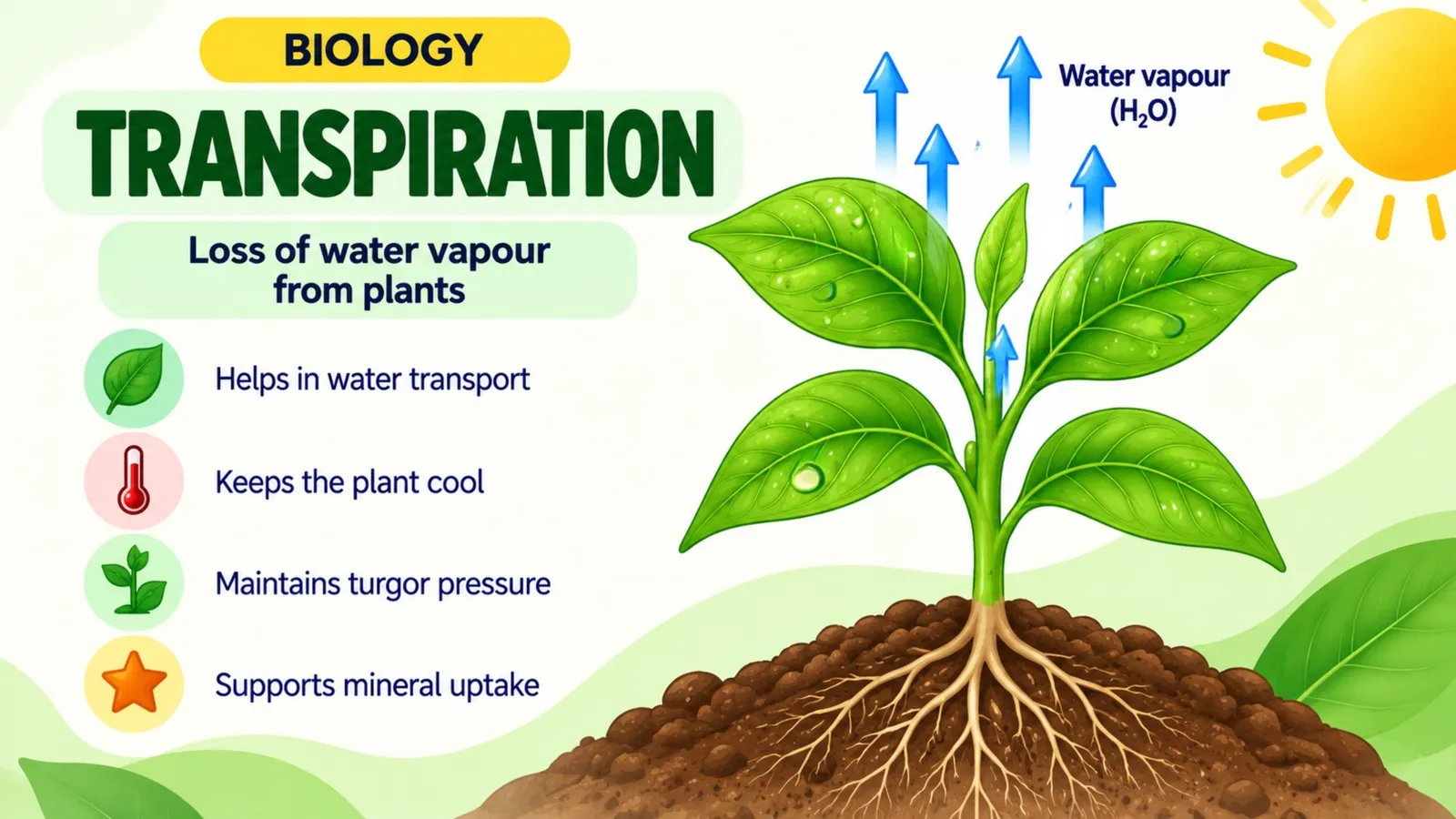 Transpiration: the loss of water vapour from plants, which helps water transport, keeps the plant cool, maintains turgor pressure and supports mineral uptake