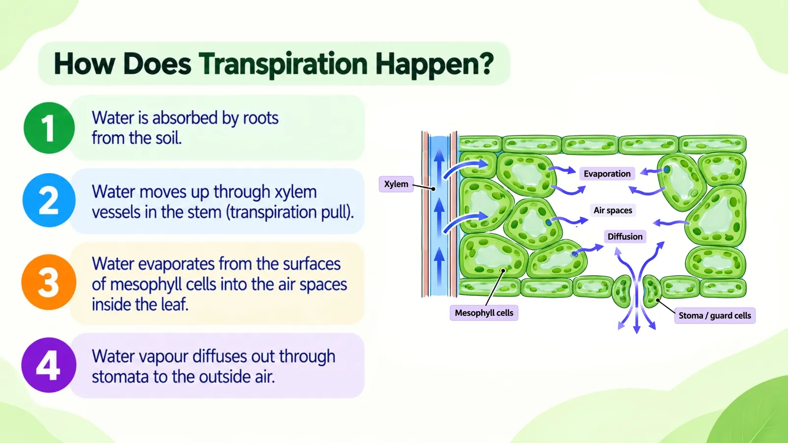 How transpiration happens in four steps: water absorbed by roots, moves up xylem, evaporates from mesophyll cells into air spaces, diffuses out through stomata