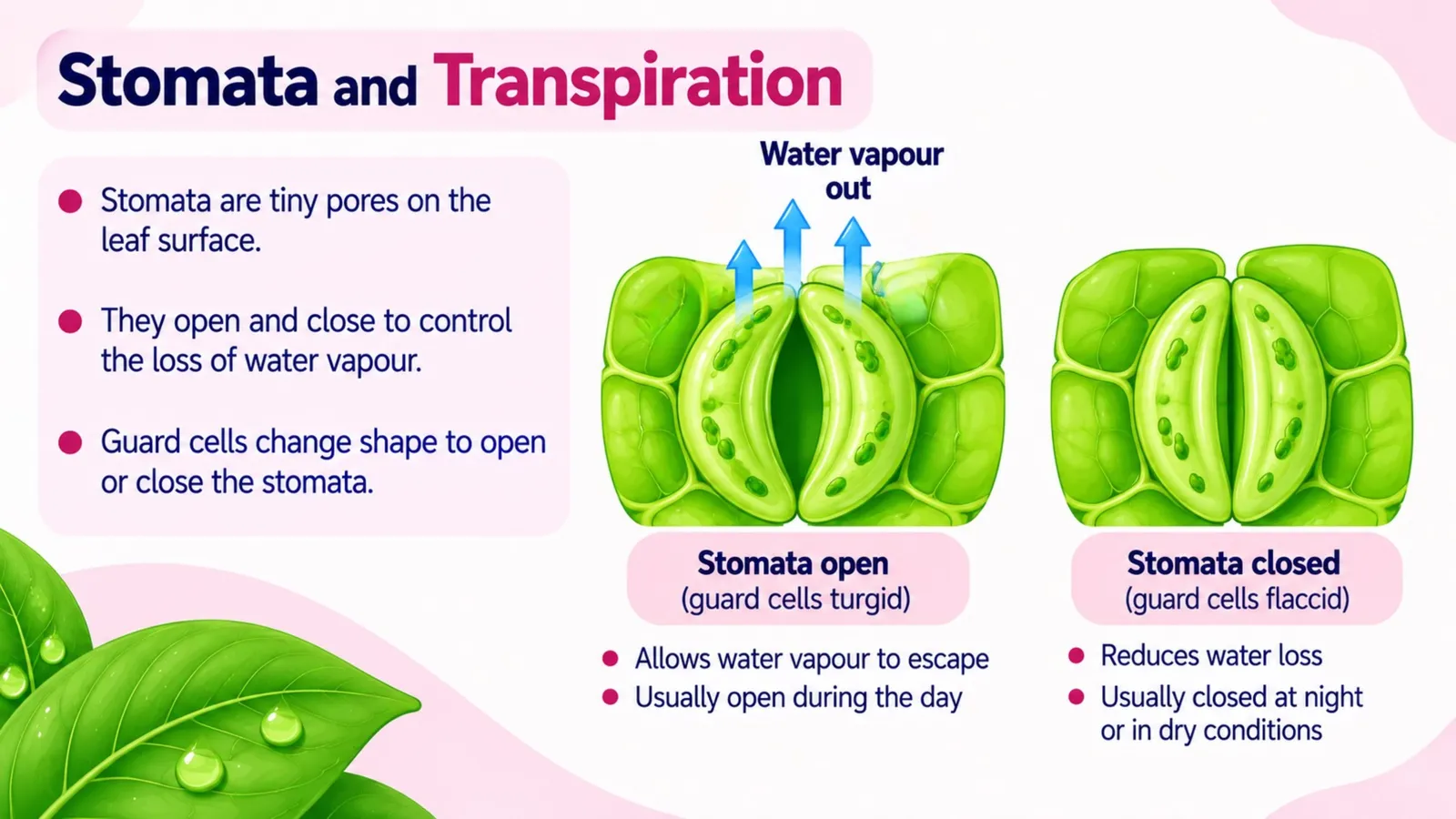 Stomata open when guard cells are turgid, usually during the day, and close when guard cells are flaccid, at night or in dry conditions