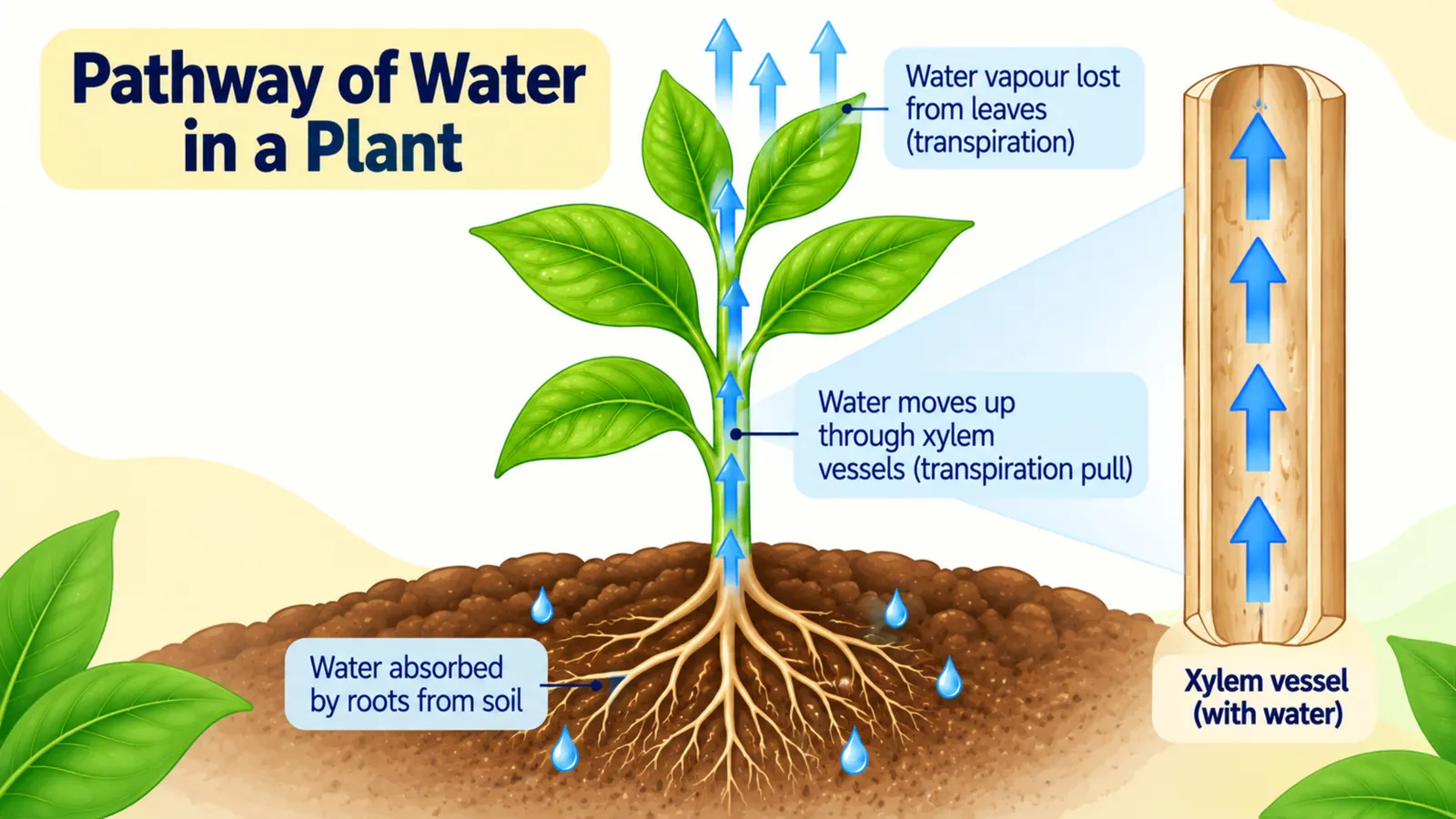 Pathway of water in a plant: absorbed by roots from soil, pulled up through xylem vessels, lost from the leaves as water vapour