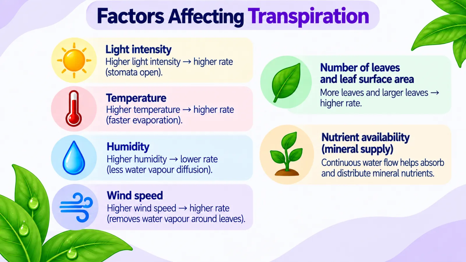 Factors affecting transpiration rate: light intensity, temperature, humidity, wind speed, number of leaves and leaf surface area, nutrient availability